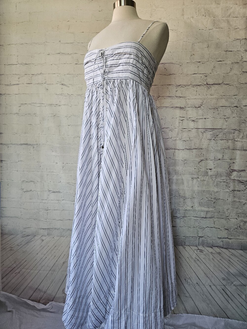 Free People Easy Breezy Midi Dress White Navy Blue Stripe Cotton Large - Picture 4 of 16
